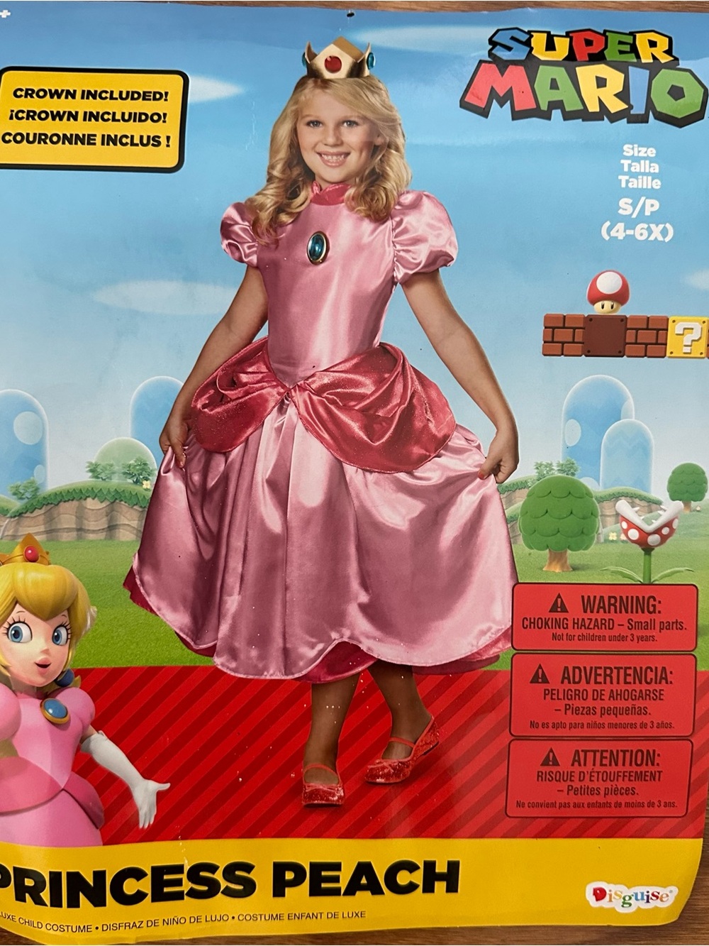 Girls Princess Peach Dress Crown Costume Small 4-6X Pink Super Mario GUC READ